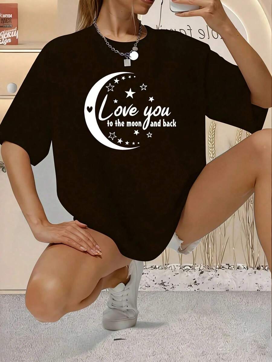 Te amo hasta la luna y de vuelta, 1 pieza, camiseta de talla grande para mujer, camiseta gráfica de manga corta de 220 g, novedosa, 100% poliéster, camiseta casual de cuello redondo. - Negro - Ver 1