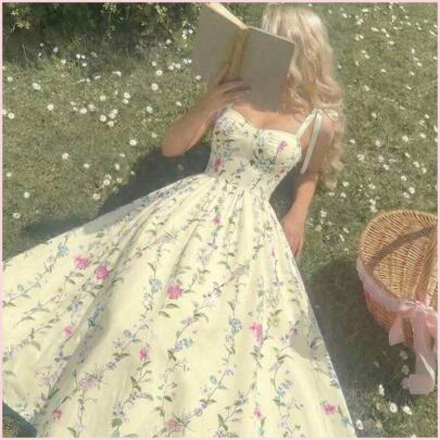 MOD Vestido de verano de mujer con tirantes anudados y estampado floral romántico - Amarillo claro - Ver 1