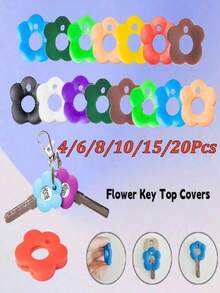 4/6/8/10/15/20Pcs Multi-Color Flower Shaped Silicone Key Cap Set (Includes Identification Key Caps) - Durable Key Protector With Color-Coded Design, Easy Installation Key Chain Organizer, Suitable For Home, Office, Party And Key Management (Easy Key Identification Via Color Coding) (Random Color) - Multicolor - View 3