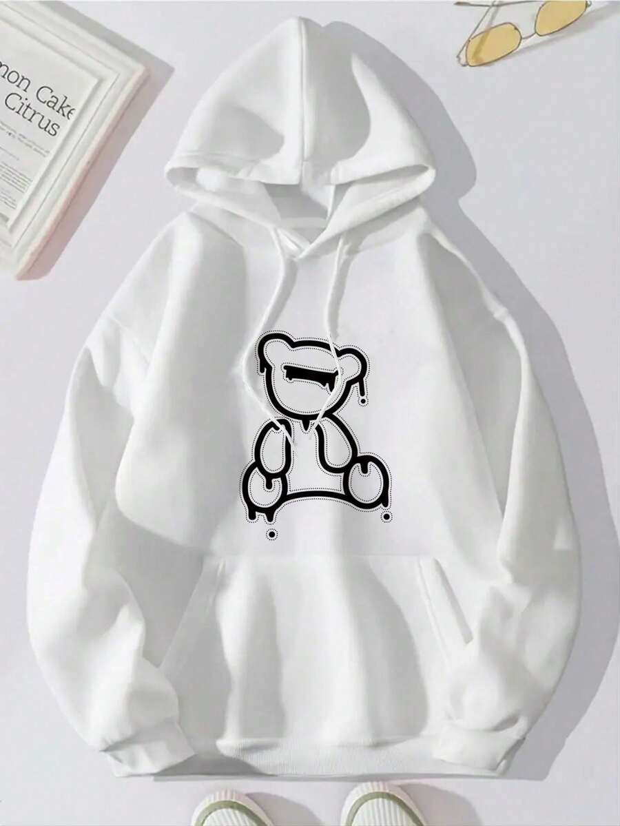 Men's Bear Print Sweatshirt With Thermal Lining - Army Green - View 1