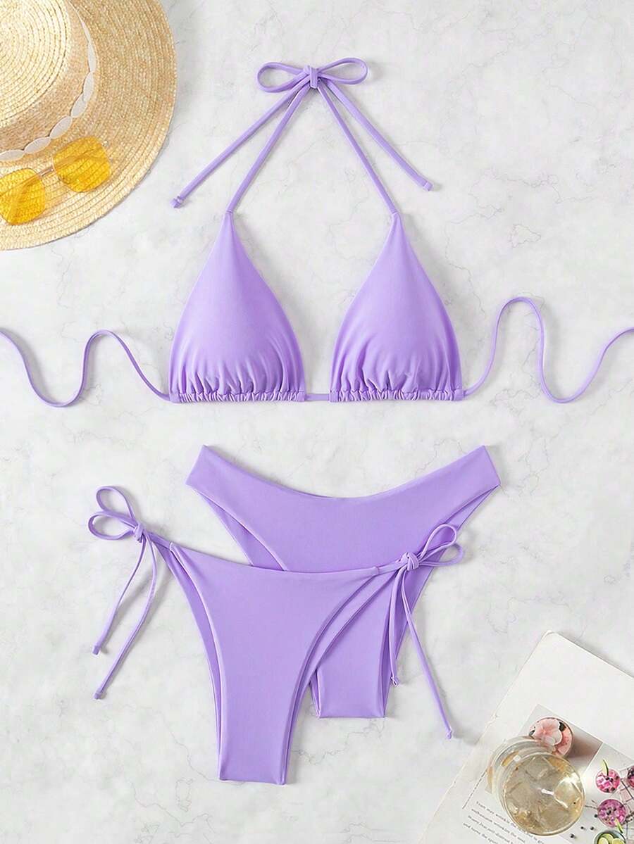 Basics 3 Pieces/Set Solid Color Women's Bikini Set For The Beach In Summer Strand Outfit Damen Strandkleid Bikini Set Damen Bikini Set Badeanzug - 淡紫色 - 查看 1