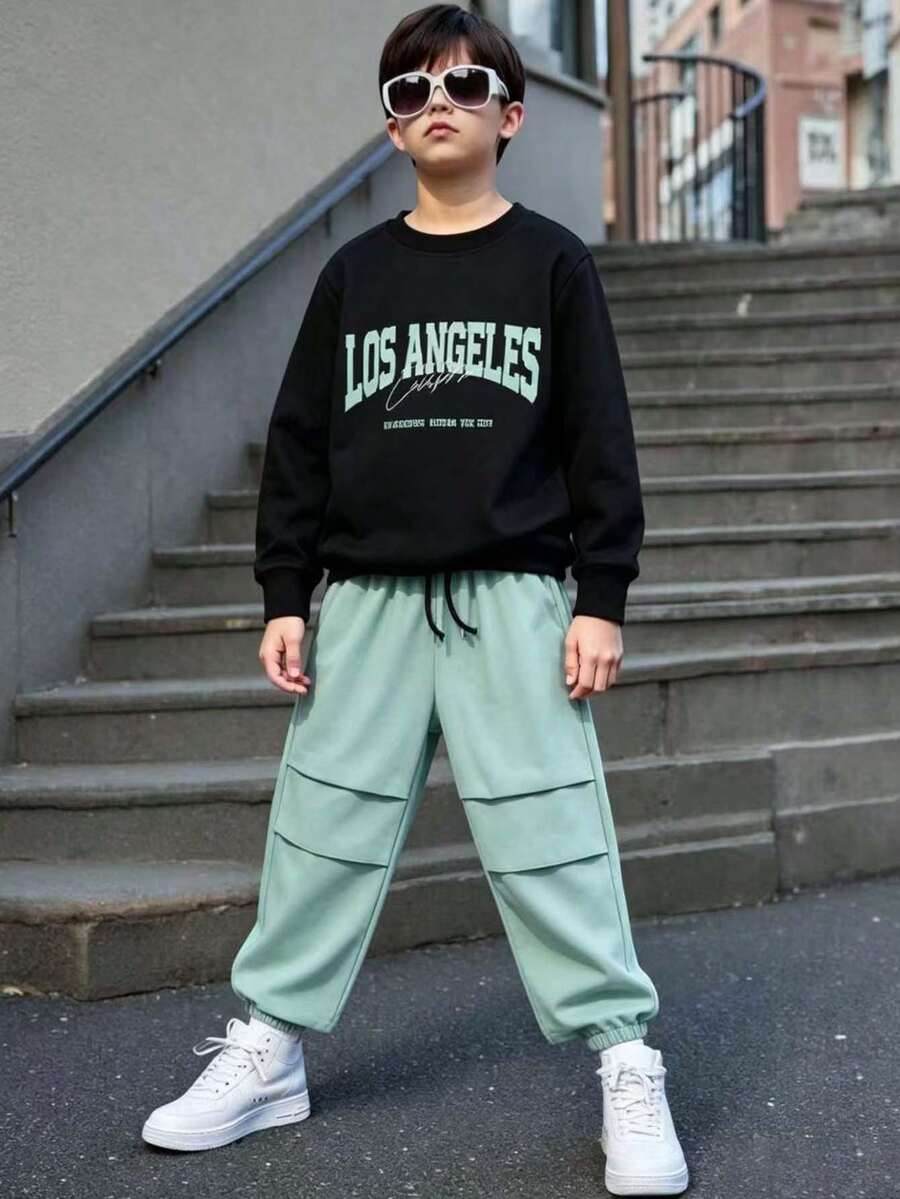 Tween Boy Letter Graphic Warm Crew Neck Hoodie And Woven Pants Set - Black - View 1