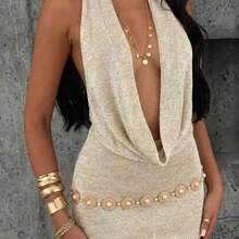 xuehuamaoyi02 Vestido de punto ajustado con cuello de corbata y espalda descubierta para mujer, atuendo casual elegante minimalista para resort, playa, club y boda, primavera, verano, otoño - Albaricoque - Ver 1
