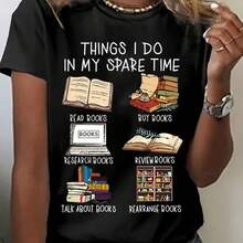 Camiseta Estampada para Mujer - Diseño "Mi Tiempo Libre" para Amantes de los Libros, Top Casual de Manga Corta y Cuello Redondo para Primavera Verano, Lavar a Mano, Temática Literaria, Tela - negro - Ver 2