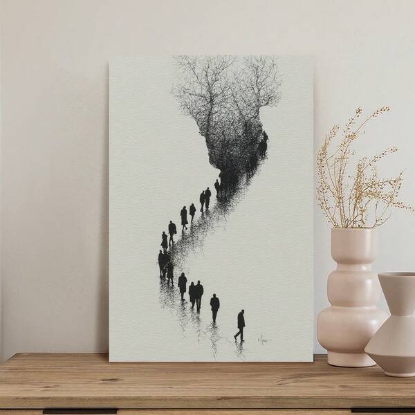 Framed Surreal Silhouette Crowd Walking Into Tree Branches Abstract  Canvas Wall Art, Minimalist Black And White, Modern Design, For Office, Unique Gift.