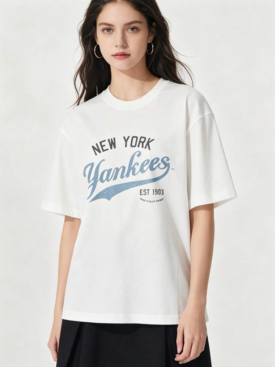 MLB Áo thun tay ngắn dáng rộng unisex kiểu vintage, thoải mái, thích hợp cho các hoạt động thể thao ngoài trời. - Ngà voi - Xem 1