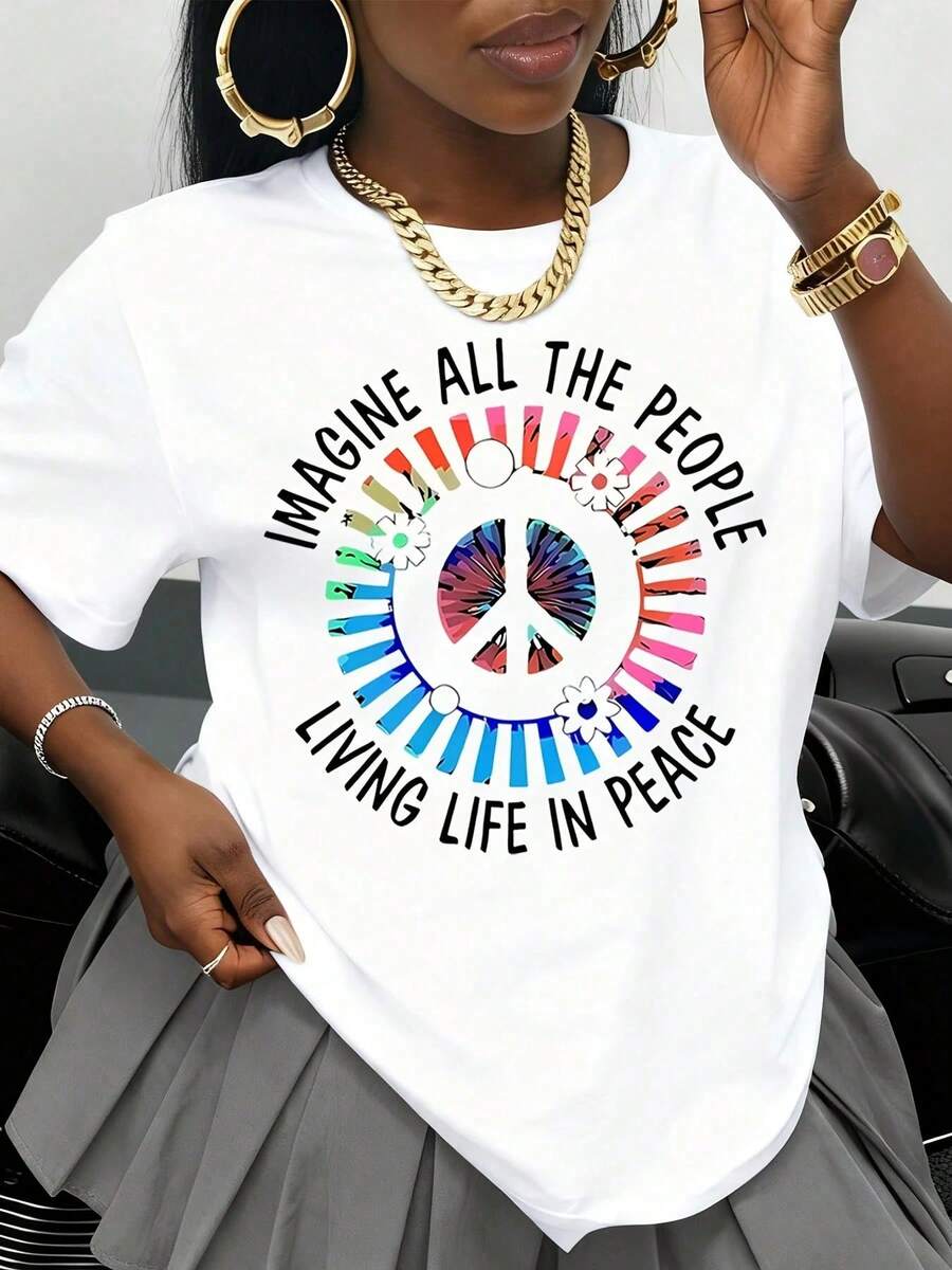 Imagine Everyone Living Life In Peace. White T-Shirt With Colorful Peace Symbol Graphic For Women, Men, Unisex, Casual Style, Streetwear, Top, Gift - 白色 - 查看 1