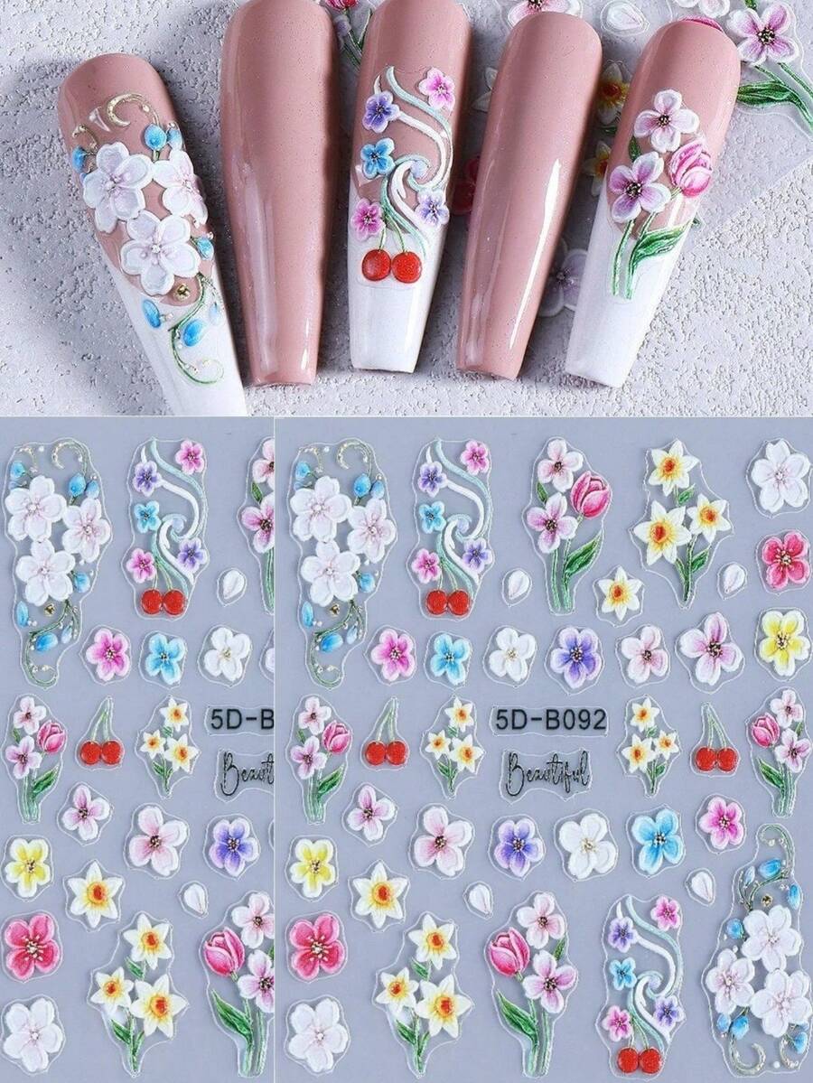 2 Packs Summer 5D Embossed Hibiscus Flower Stickers Colorful Flower Pattern Self-Adhesive Nail Decals Decorations Women's Nail Supplies - Multicolor - View 1