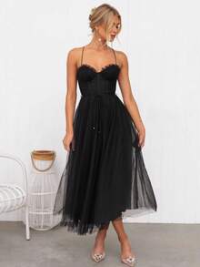 Women's Elegant European-Style Sheer Mesh Dress With Straps, Perfect For Dinner Parties, A New Fashion , And A Stylish, Feminine Casual Dress. - 黑色 - 查看 2