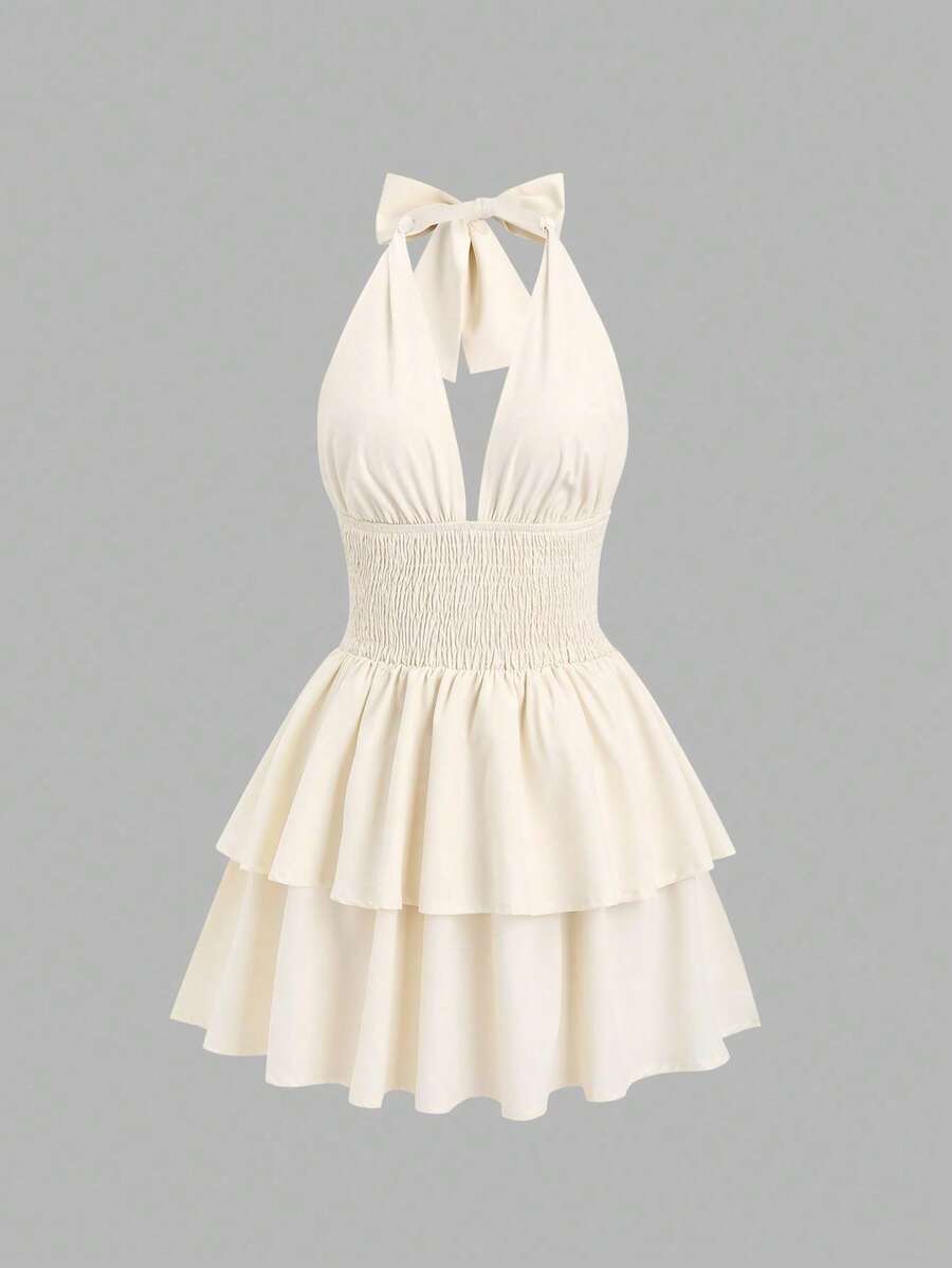 1 pieza Vestido midi con espalda abierta y cintura ceñida de unicolor elegante, atuendo Y2K para Navidad, festiva - Albaricoque - Ver 1