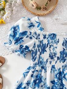 Girls' Sweet Heart Pattern Dress With Puff Sleeves, Ruffle Trim And Flounce Hem, Princess Dress For Summer Beach Holiday Party - Royal Blue - View 6