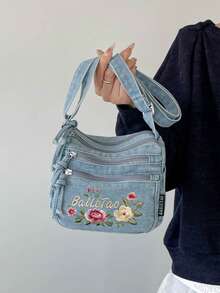 新款時尚花卉刺繡牛仔多口袋斜背包 百搭女款單肩小包 Mon Bag 適合上班、購物、通勤 - 藍色 - 查看 7