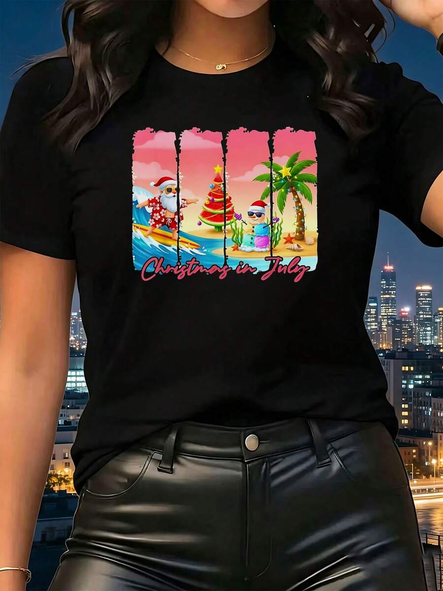 Women's T-Shirt, Christmas In July, Comfortable Clothing - 黑色 - 查看 1