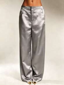 Pantalones de satén y seda de unicolor para mujer con bolsillos y cremallera, adecuados para vacaciones, oficina, brunch, aeropuerto, todo el año, negro primavera - Gris - Ver 5