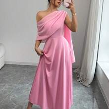 Vestido largo de gasa vaporoso, con escote asimétrico y bajo asimétrico, de estilo elegante y versátil para uso diario, color rosa, para mujeres, primavera/verano - Negro1 - Ver 4