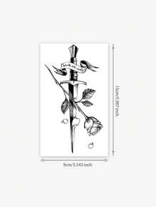 1pc Black Stippling Sword With Rose And Ribbon Temporary Tattoo, Men's Temporary Tattoo Patch, Simulated Tattoo Design, Suitable For Travel, Music Festival, Games, Graduation Gifts, Lasts For 3-5 Days - Black - View 6