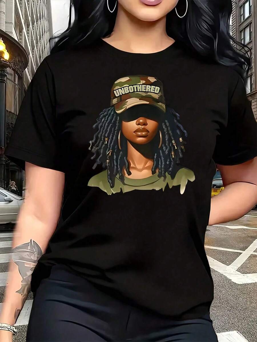 Camiseta de manga corta con estampado de retrato de gorra de camuflaje 'Unbothered' en amarillo vibrante, talla grande para mujer, 1 pieza, divertida, con gráfico de gran tamaño, novedosa, 1 - Negro - Ver 1