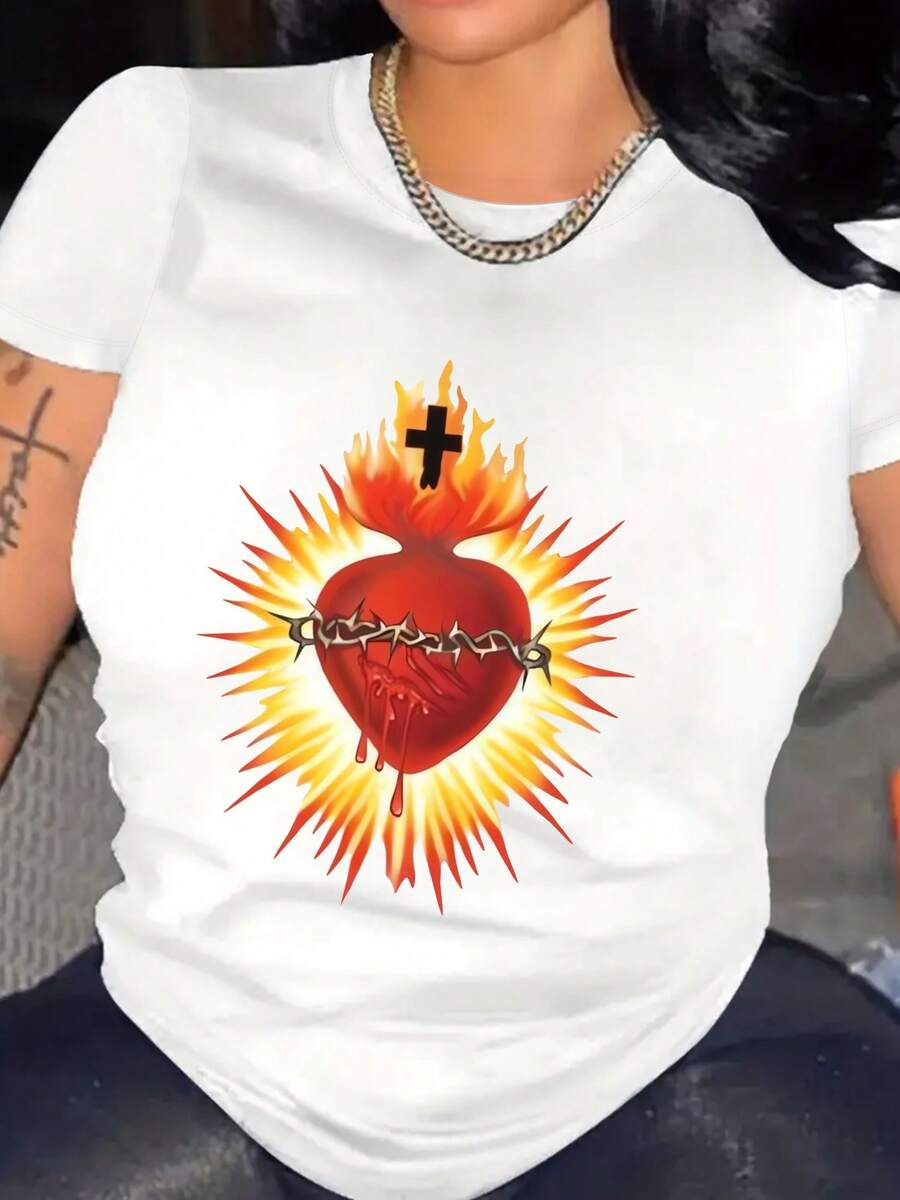 61pieza Camiseta gráfica de corazón sagrado para mujeres - Suave, cuello redondo casual, manga corta, ajuste regular, diseño de llama y cruz vibrante, comodidad para todas las estaciones2026 - Blanco - Ver 1