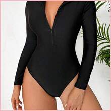 Swim SPRTY Traje de baño de una pieza con cierre de cremallera y unicolor minimalista para mujer, adecuado para vacaciones de primavera/otoño en la playa - Azul - Ver 2
