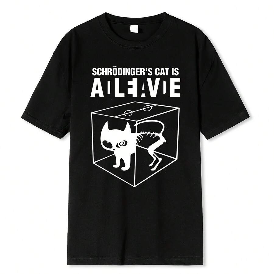 High-Quality Men's T-Shirt, 100% Cotton, With Schrodinger's Cat Print, Short-Sleeved Men's T-Shirt, Casual Unisex T-Shirt - 彩色 - 查看 1