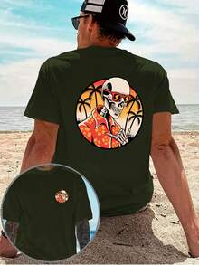 Una camiseta casual para hombre con un diseño creativo, que presenta un estampado de calaveras hawaianas en ambos lados, estilo retro americano, audaz y único, de corte holgado, con estampad - Negro - Ver 8