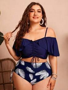 Swim Chiccia Women's Solid Color Spaghetti Strap Off-Shoulder 2-Piece Bikini Set With Ruffles And Drawstring - Elegant And Stylish For Vacation - Blue - View 1