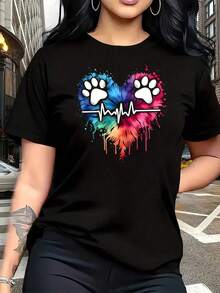 Women's Plus Size T-Shirt With Geometric Paw And Heart Print, Fun, Short Sleeve, 100% Cotton, Round Neck, 220g - 黑色 - 查看 1