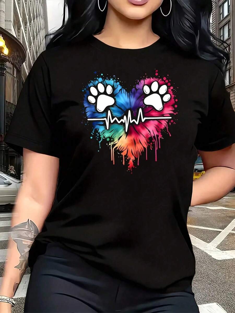 Women's Plus Size T-Shirt With Geometric Paw And Heart Print, Fun, Short Sleeve, 100% Cotton, Round Neck, 220g - 黑色 - 查看 1