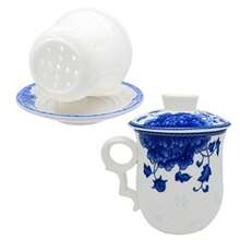 Porcelain Tea Cup with Infuser Lid and Saucer Sets - Chinese Jingdezhen Ceramics Coffee Mug Teacup Loose Leaf Tea Brewing System for Home Office - Azul - Ver 6