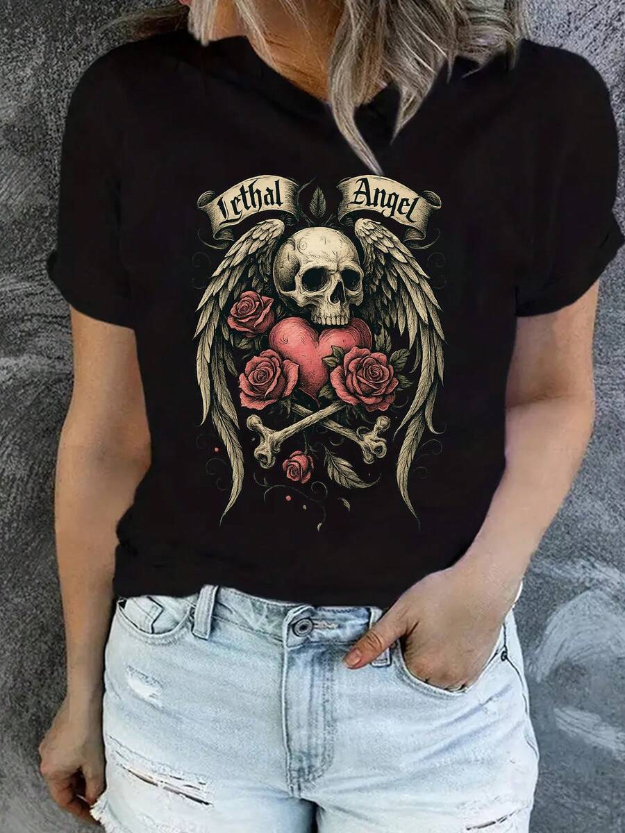 Women's Crew Neck T-Shirt With A Skull Print And Angel Wing Design, Perfect For A Casual Vacation. Soft And Breathable Fabric, Ideal For Everyday Wear And The Beach. - 黑色 - 查看 1