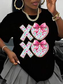 Women's White T-Shirt With Floral Heart Print And XOXO Bow, Valentine's Day Gift, Romantic And Cute Top, Fashionable Casual Wear For Valentine's Season - 黑色 - 查看 1