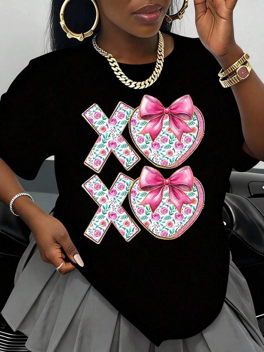 Women's White T-Shirt With Floral Heart Print And XOXO Bow, Valentine's Day Gift, Romantic And Cute Top, Fashionable Casual Wear For Valentine's Season - 黑色 - 查看 1
