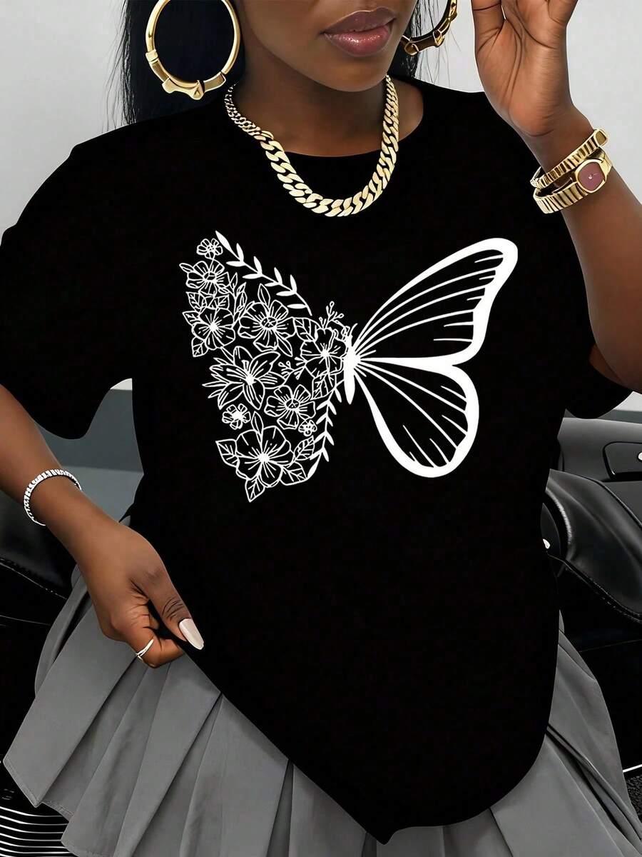 White T-Shirt With Butterfly And Flower Graphic Print, Women's Casual Summer Top, Fashionable Oversized T-Shirt For Everyday Wear, Gift For Her On Birthday Or Anniversary - 黑色 - 查看 1
