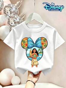 Disney Licensed Moana Sailing Boat Kids Cotton T-Shirt, Boys Girls, Birthday Party Photo Tee, Summer Casual Wear, Daily Vacation Outdoor, Kids Gift. - 白色 - 查看 2