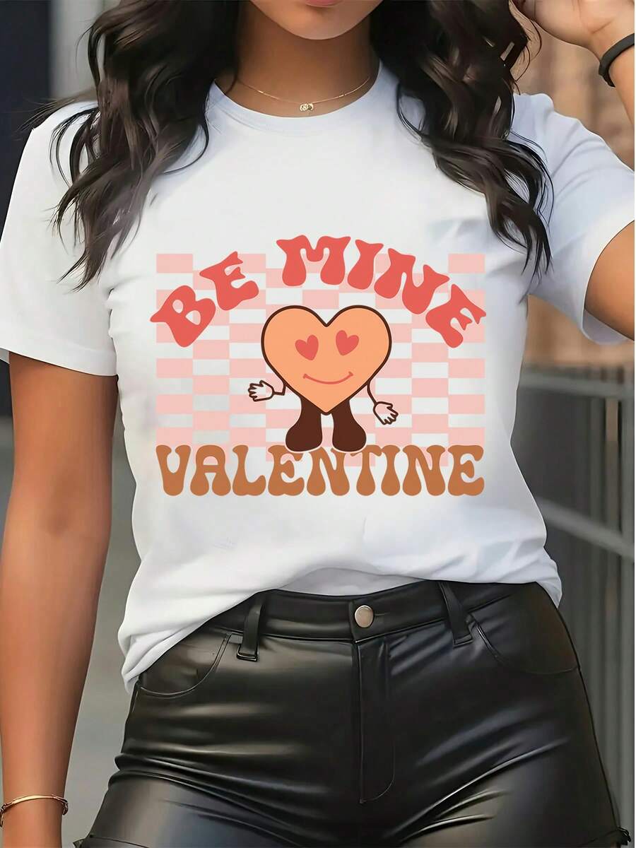 Women's Pure Cotton Short-Sleeved T-Shirt Valentine's Day Graphic Print Be Mine Heart Casual Cute Top - White - View 1