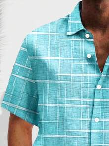 Vintage Geometric Textured Print Men's Plus Size Lightweight Polyester Short Sleeve Shirt - Mint Green - View 5