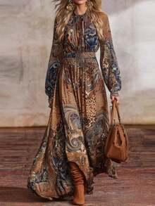 REFRESH YOUR WARDROBE NOW! Women's Boho Dress, Balloon Sleeves, Full Skirt, Bohemian Print, Figure-Flattering, Best Seller, Perfect For Vacations, Parties, Summer Looks - 駝色 - 查看 10