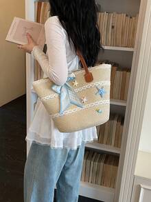 1件裝高品質紋理草編水桶編織托特包，適合日常使用、約會與購物，時尚度假風 - 米色 - 查看 5