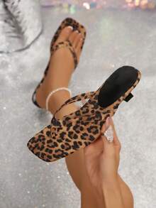 New Women's Fashion High Heel Sandals, Elegant Women's High Heels, Kitten Heel Split Toe High Heels, Backless Elegant Leopard Print Flip Flops, Stiletto Heel Square Toe Women's High Heels, Summer Outdoor Stiletto Sandals, Suitable For Party Casual Elegant Wear, Wedding Party Nightclub Style - Brown - View 7