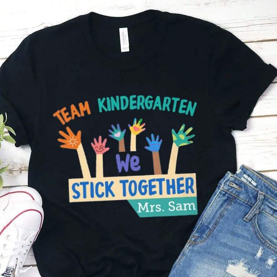 Kindergarten Hand Print Crew Neck Top, Women's Short Sleeve Casual Wear, 4th Of July Outfit, Plus Size Women's Clothing, Women's Holiday Clothes, Clothing - 黑色 - 查看 1