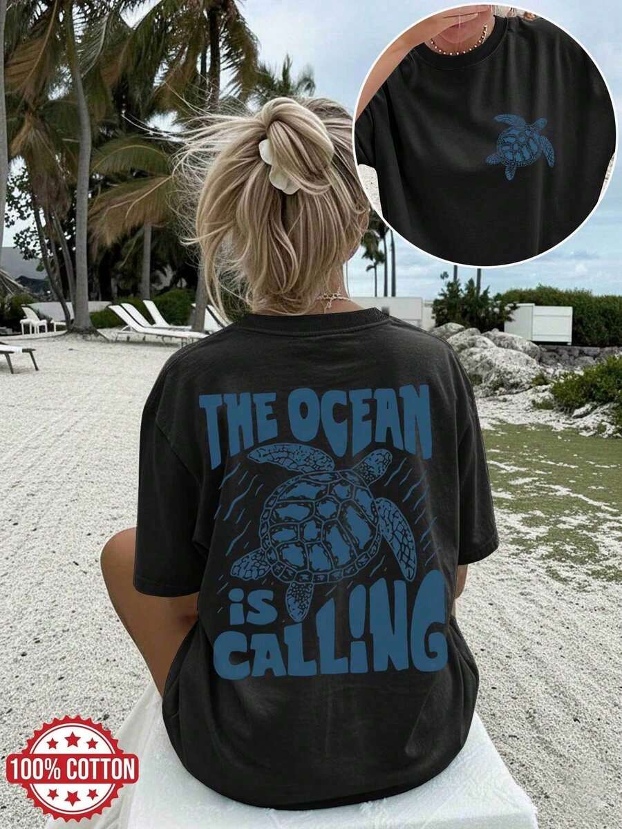 Women's Casual Loose Summer Top, Vintage Style, 'THE OCEAN IS CALLING' Print, Round Neck, Short Sleeve, Drop Shoulder, Pure Cotton Oversize - 黑色 - 查看 1
