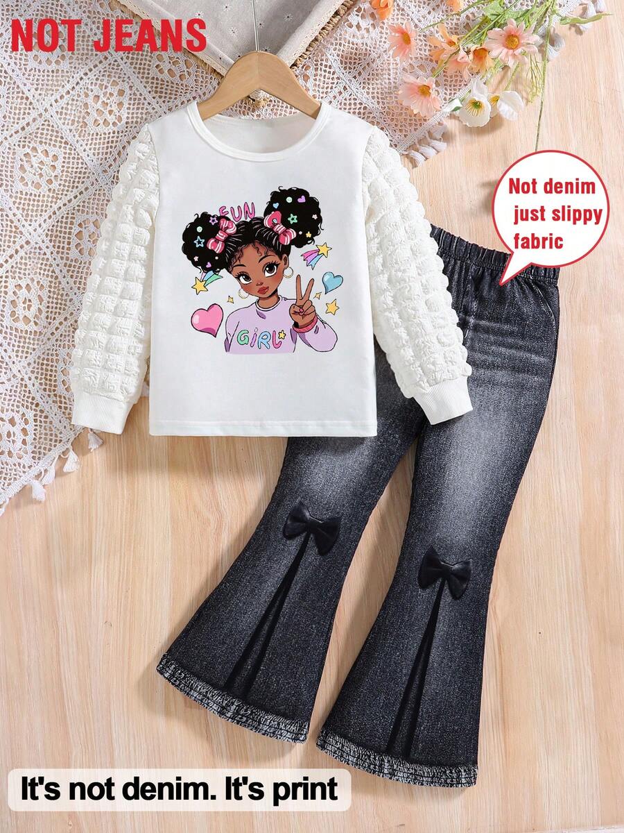 2 pièces ensemble mode décontractée pour jeune fille, saison printemps & automne - comprend un portrait de fille de bande dessinée et un Sweat-shirt avec imprimé lettres, avec poignets et col côtelés, et un pantalon évasé à taille élastique en jean avec détail nœud, vêtements décontractés extérieurs confortables et élégants pour enfants - Blanc - Voir 1