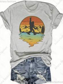 [100% Cotton] Women's Fashionable Flat Print T-Shirt - Casual Short Sleeve Fitted Neck Top - Lightweight And Breathable...Comfortable And Stylish, Versatile For Everyday Wear - 淺灰色 - 查看 1