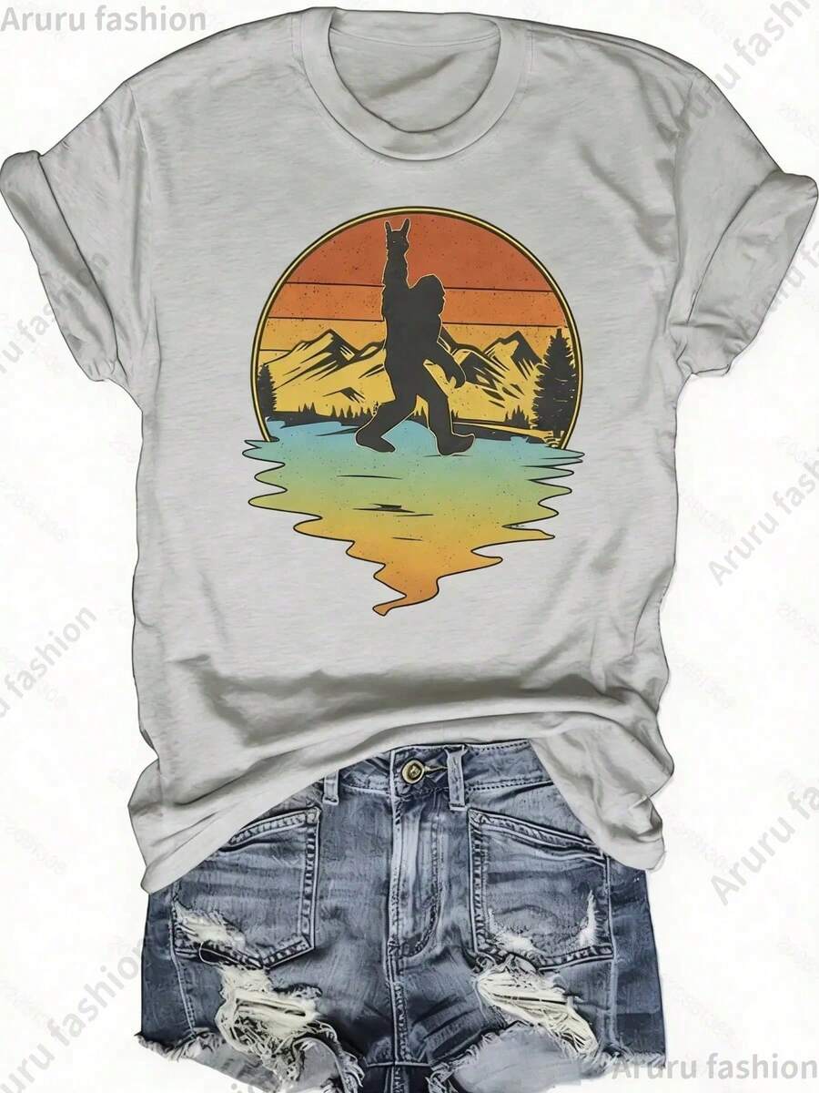 [100% Cotton] Women's Fashionable Flat Print T-Shirt - Casual Short Sleeve Fitted Neck Top - Lightweight And Breathable...Comfortable And Stylish, Versatile For Everyday Wear - 淺灰色 - 查看 1