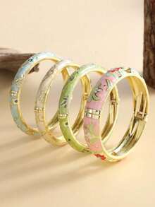 3/2pcs 1 Set Fashion Vintage Style Floral Pattern Enamel Gold Bracelet, Suitable For Women's Daily Wear - Multicolor - View 5