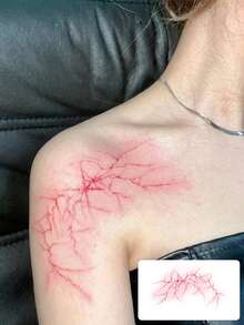 1 Pc Edgy Red Lightning Temporary Tattoo, Waterproof Long Lasting Fake Tattoo, Grunge Bold Body Art For Shoulders & Body - Multicolor - View 1