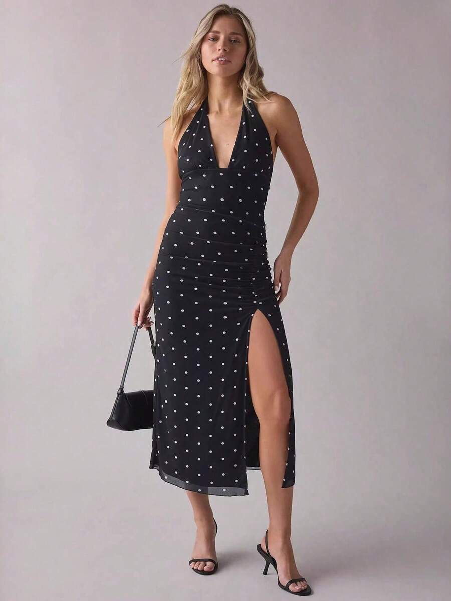 Paisley Print Halter Neck Ruched Midi Dress With Side Slit, Deep V Neck, Bodycon Fit, Boho Chic Style, Resort Wear, Vacation Outfit, , Fashion - Black - View 1
