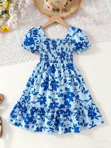 Vestido de niña con patrón de corazón dulce, mangas abullonadas, ribete de volantes y dobladillo con volantes, vestido de princesa para fiesta de verano, playa y vacaciones - Azul Marino - Ver 4