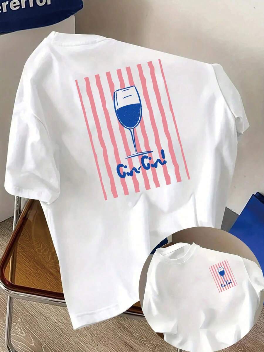 Camiseta de algodón puro con estampado de copa de gin y rayas rosadas estilo retro para chicas amantes del gin tonic moda veraniega divertida y fresca - Blanco - Ver 1