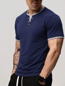ZYNTH BALENO T-shirt homme mode d'été 2 en 1 ajusté à épaules régulières, col Henley, manches courtes, essentiel pour les sports d'été - Bleu marine - Voir 3